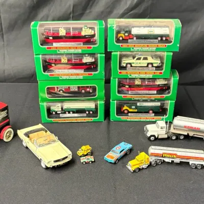 Vintage Diecast Vehicle Lot: Hess Miniature Trucks (8 New in Box), Winross Kenan Tanker, Texaco Bank