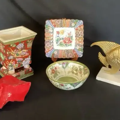 5-Piece Vintage Decor: Chinoiserie Porcelain, Brass Angelfish, & Red Slag Glass
