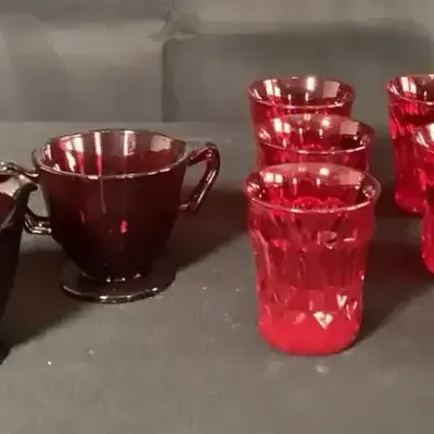 Vintage 8pc Indiana Glass Ruby Red Glass Set - 6 Tumblers And Cream & Sugar Set- UV Light Tested