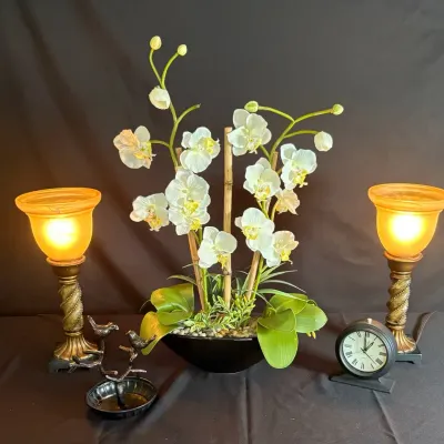 Home Decor Lot: Pair 15" Lamps, Faux Orchid Arrangement, Desk Clock & Bird Dish