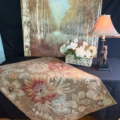 Rustic & Floral Home Decor Bundle: Bear Lamp, Birch Tree Canvas Art, Accent Rug, and Floral Planter