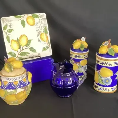 5-Piece Italian Majolica Style Kitchen Set – Lemon Motif Biscotti Jar & Canisters