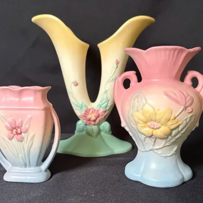 Vintage Lot of 2 Hull USA Art Pottery Vases (Double-Handle Urn & Cornucopia)