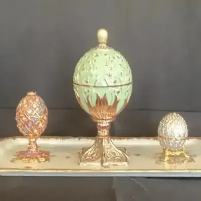 Fabergé Style Trinket “Surprise Eggs” & Music Box With Porcelain Display Tray