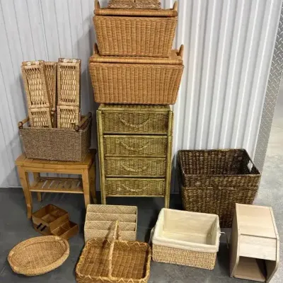 Large Assortment of Wicker Baskets, Organizers, and Accent Furniture