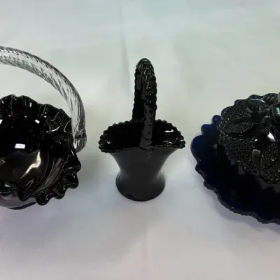 Vintage Fenton Black & Cobalt Blue Glass Lot - (3) Pieces: Butter Dish & Baskets