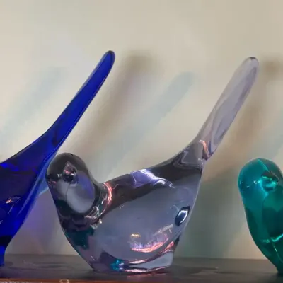Title: Set of 3 Vintage Fenton Art Glass "Long Tail" Bird Figurines - Cobalt, Aqua & Lavender