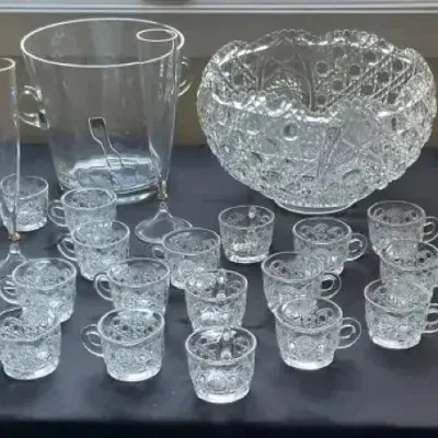 Elegant Pressed Glass Punch Bowl & Party Set
