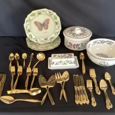 Gold-tone Flatware & Beautiful Butterfly Themed Collectible Dishes