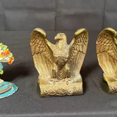 Vintage Brass American Eagle Bookends & Hand-Painted Cast Iron Flower Basket Doorstop