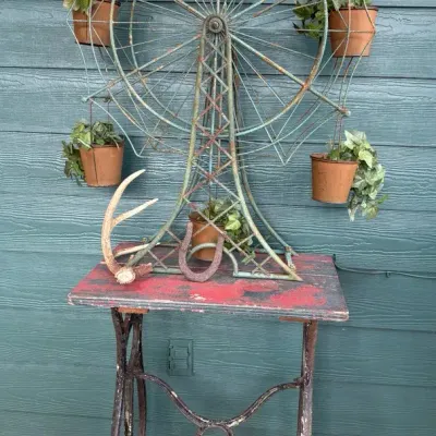 Vintage Wrought Iron Side Table with Wood Top & Decorative Metal Ferris Wheel Planter