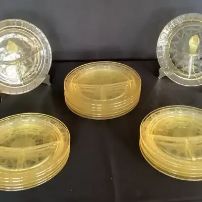 18-Piece Federal Glass Patrician Topaz Yellow Uranium Glass 3-Part Grill Plates