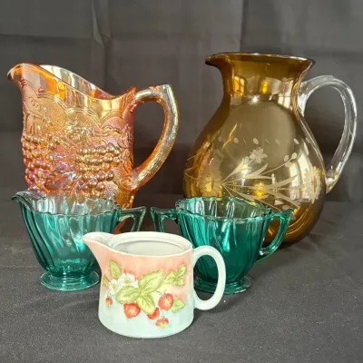 Vintage Glass & Pottery Lot - Marigold Carnival Glass, Amber Cut-to-Clear & More - 5 Pcs
