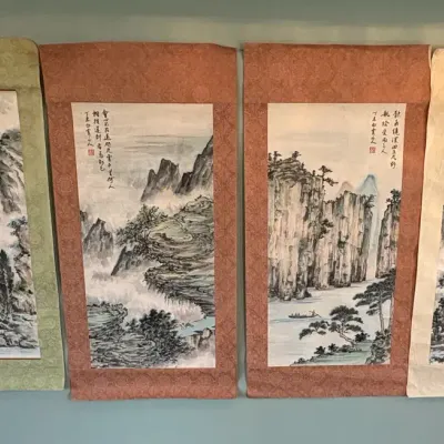 Set of 4 Chinese Landscape Scroll Paintings - Ink & Wash Calligraphy