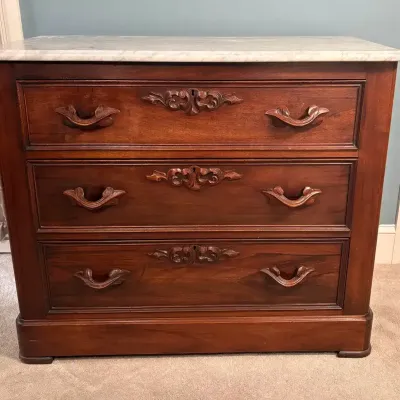 Antique Eastlake Style Marble Top Commode - 3-Drawer Walnut & Burl Sideboard