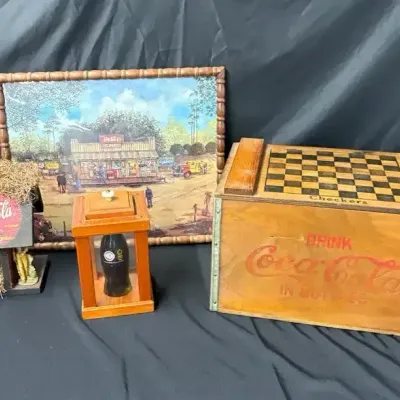 Vintage Coca-Cola Collectibles Lot: Checkers Game Crate, Framed Store Scene Art, 1996 Atlanta Olympi
