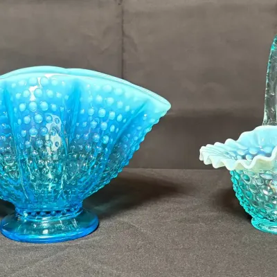 Fenton Blue Opalescent Hobnail Art Glass - Ruffled Basket and Footed Fan Vase