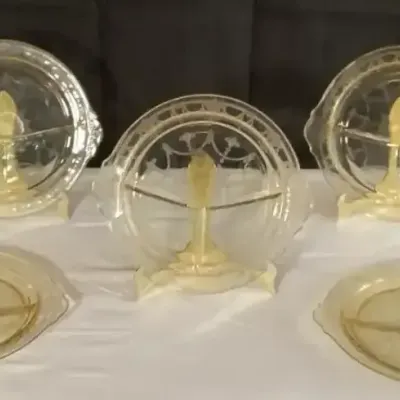 5-Piece Federal Glass Patrician Topaz Uranium Glass Handled Grill Plates - UV Light Tested