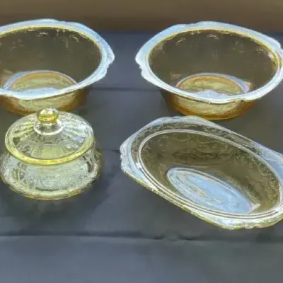 Elegant Topaz Yellow Depression Glass Serving Bowls & Uranium Candy Dish