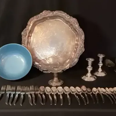 Massive 100+ Piece Silverplate Flatware, Hostess Set & Serving Lot Plus Compote with Silver Base
