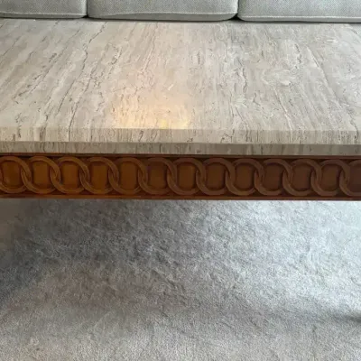 Large 44" Square Neoclassical Style Travertine & Carved Wood Coffee Table