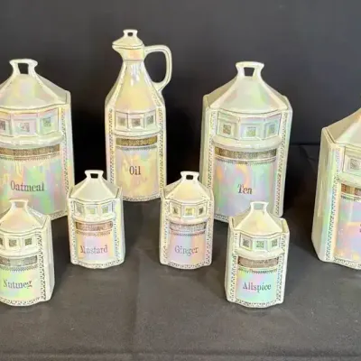 Vintage 10-Piece German Iridescent Lusterware Canister & Spice Set – Art Deco White Block JBW – 9pc 