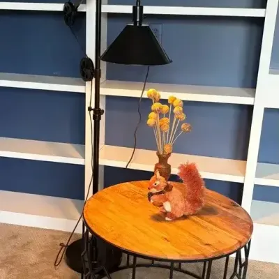 Industrial Pulley Floor Lamp & Geometric Wood Top Coffee Table Set