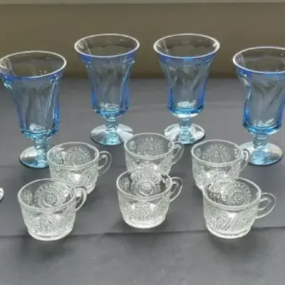 12-Piece Mixed Set of Clear Punch Bowl Glasses and Fostoria Blue Goblets