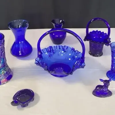 Bambi and A Scottish Turtle-Exquisite Cobalt & Blue Carnival Glass Lot: Vases, Baskets, and More