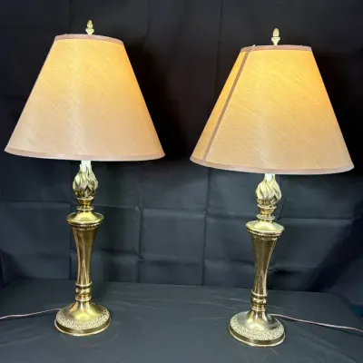 Pair of Vintage Stiffel Solid Brass Table Lamps - Flame Motif - 34.5"
