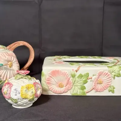 Vintage Fitz and Floyd 5-Pc Ceramic Collection: Hummingbird Teapot & Pitcher, Pansy Cream & Sugar, F