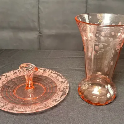 Vintage Pink Depression Glass 2pc Lot - Paden City "Black Forest" Center Handle Server & Ribbed Vase