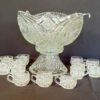 Stunning 20-Pc Vintage Pressed Glass Punch Set - Pinwheel & Star Pattern - Includes Pedestal, 17 Cup