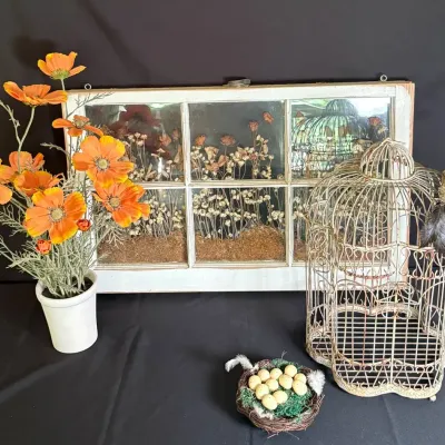 Vintage Rustic Decor Lot: Framed Window, Decorative Birdcage, Floral Arrangement & Bird Nest
