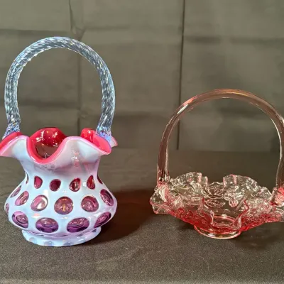 Title: Set of 2 Fenton Art Glass Baskets - Plum Opalescent Coin Dot & Pink Cabbage Rose