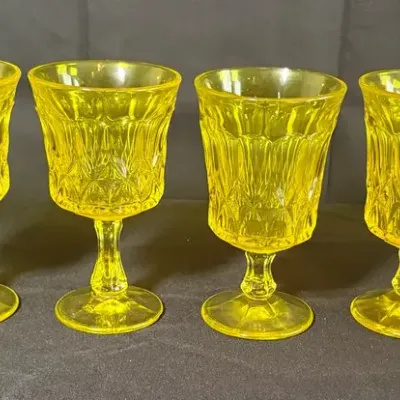 Set of 6 Vintage Indiana Glass Diamond Point Amber Yellow Water Goblets - 6.5"