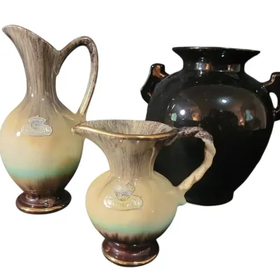 DG611 Two Bay Keramik West German Pitchers & Black Glass Vase