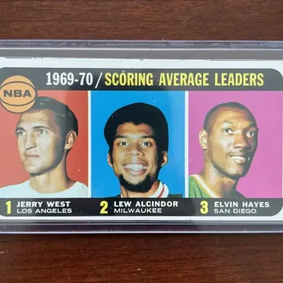 1970 Topps Basketball Card. Scoring Leaders - Lew Alcindor, Jerry West, Elvin Hayes. Card #2