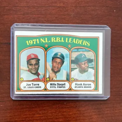 1972 Topps Baseball Card. NL RBI Leaders - Hank Aaron, Willie Stargell, Joe Torre. Card #87