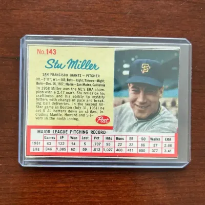 1962 Post Cereal Baseball Card. Stu Miller Card #143