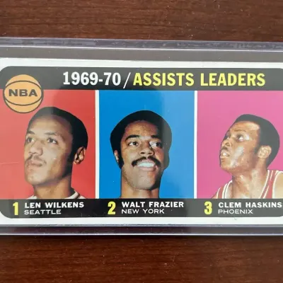 1970 Topps Basketball Card. Assist Leaders - Len Wilkens, Walt Frazier, Clem Haskins. Card #6