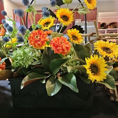 Sale Photo Thumbnail #571: Rustic Sunflower and Zinnia Floral Arrangement in Black Metal Planter