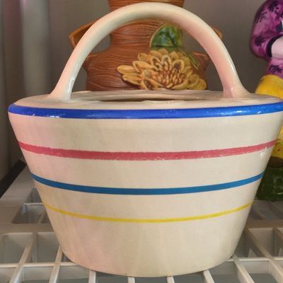 Sale Photo Thumbnail #702: Vintage McCoy Pottery Basket Weave Flower Frog with Primary Stripes