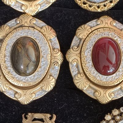 Sale Photo Thumbnail #324: Vintage Gold-tone Brooches with Cabochon Stones and Greek Key Motif