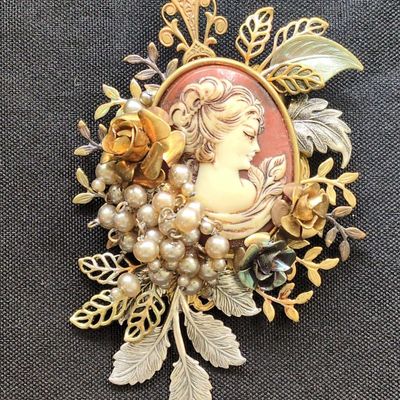 Sale Photo Thumbnail #344: Vintage Cameo Brooch with Faux Pearls and Roses