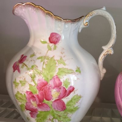 Sale Photo Thumbnail #665: Victorian Era Hand-Painted Porcelain Floral Pitcher - Possibly Austrian or German