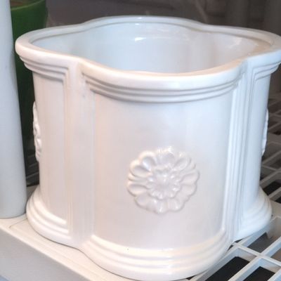 Sale Photo Thumbnail #792: White Ceramic Quatrefoil Planter with Floral Rosettes