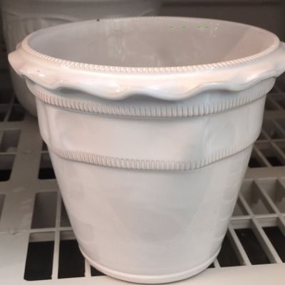 Sale Photo Thumbnail #802: White Ceramic Cachepot with Scalloped Rim and Beaded Border