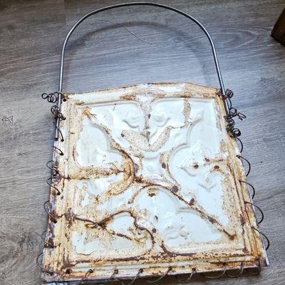 Sale Photo Thumbnail #594: Vintage Pressed Tin Ceiling Tile Wall Hanging with Handle
