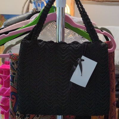 Sale Photo Thumbnail #434: Vintage Black Crochet Handbag with Lucite Handles and Zipper Pull